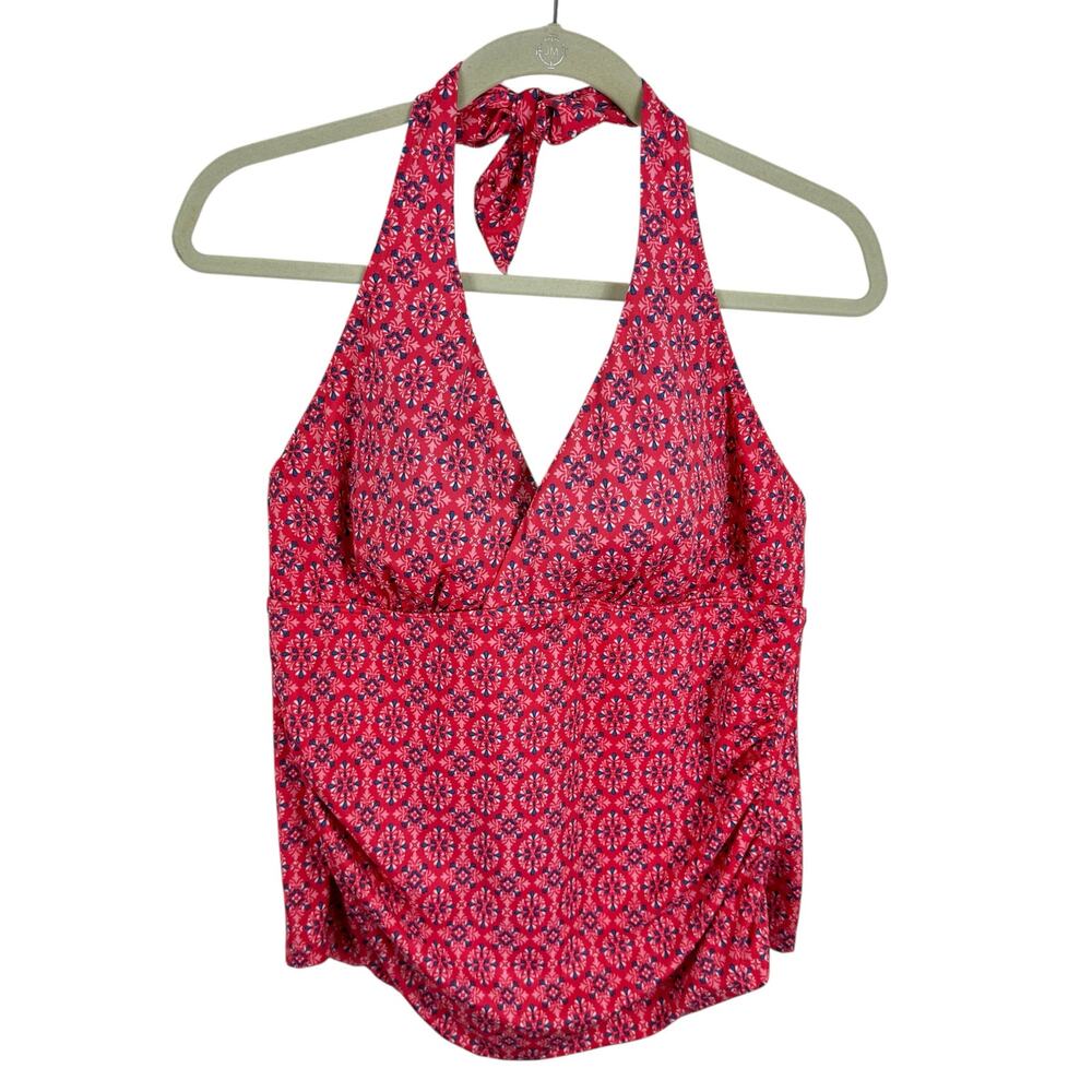 L.L. Bean UPF 50+ Nylon Pink Coral Blue Ruched Padded Halter Tankini Top Size 14